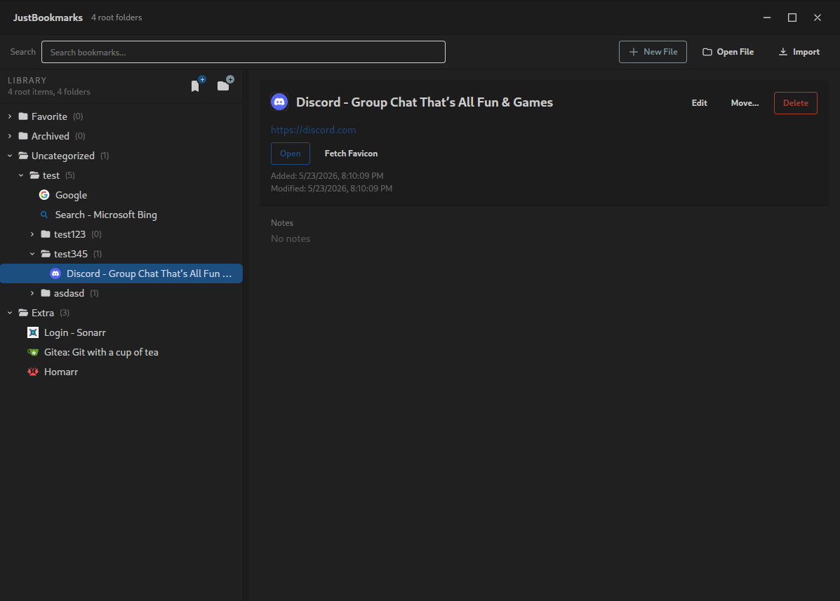 JustBookmarks main application window.