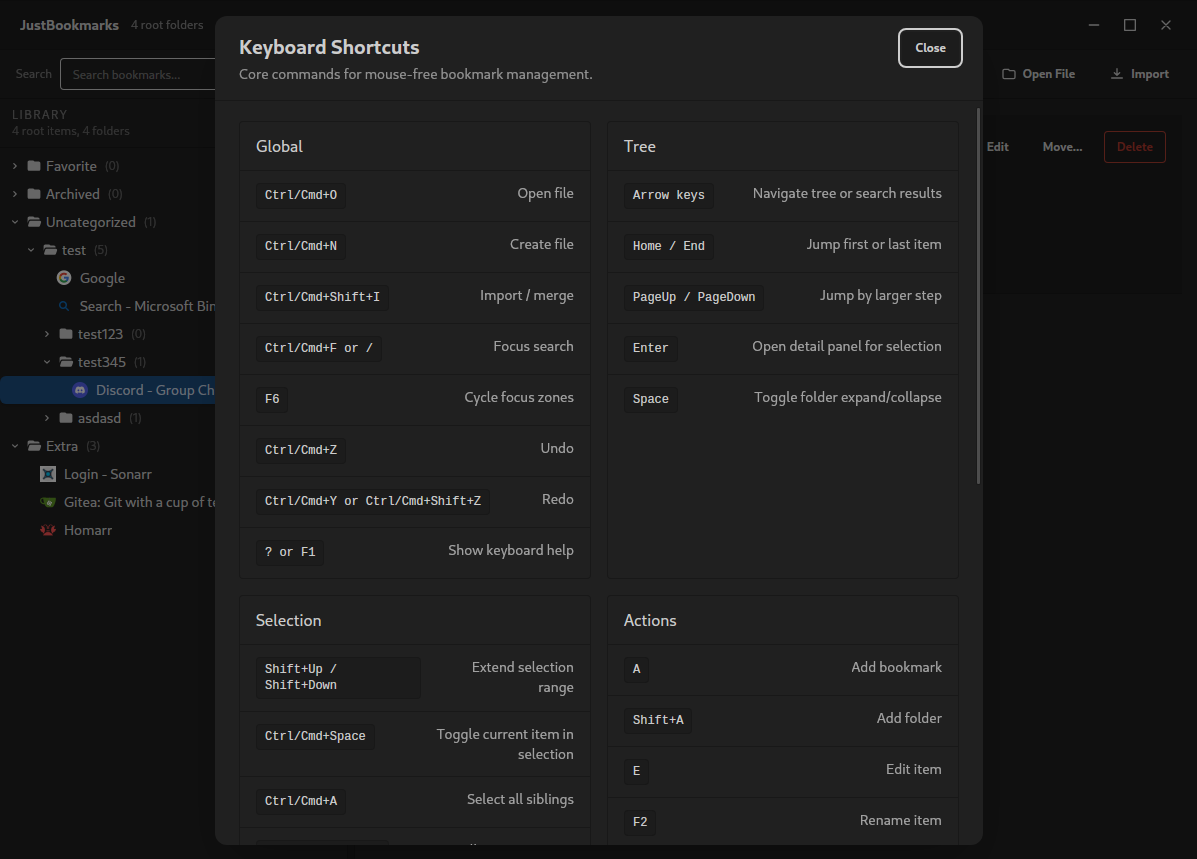 JustBookmarks help and reference screen.